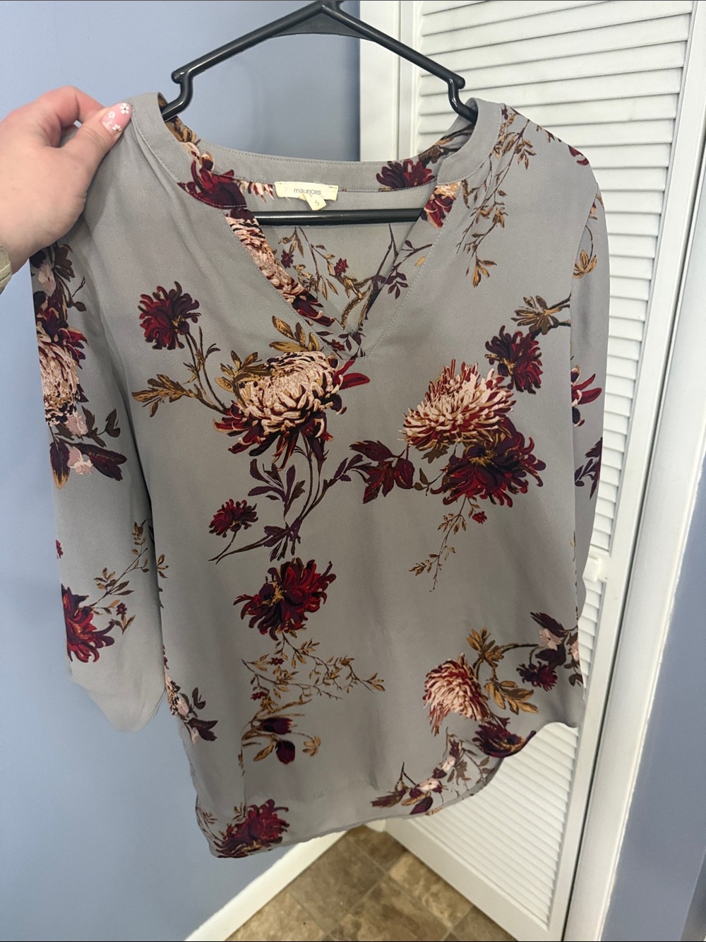 Maeve Gray Floral V-Neck Blouse with Burgundy and Gold Accents